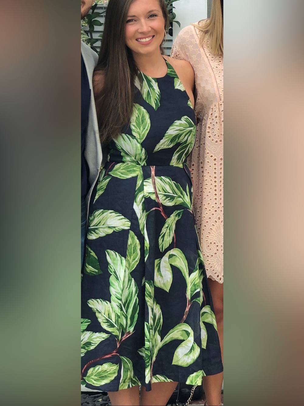 Ann Taylor Navy Dress with Green Leaf Print — One-Shoulder Fit-and-Flare